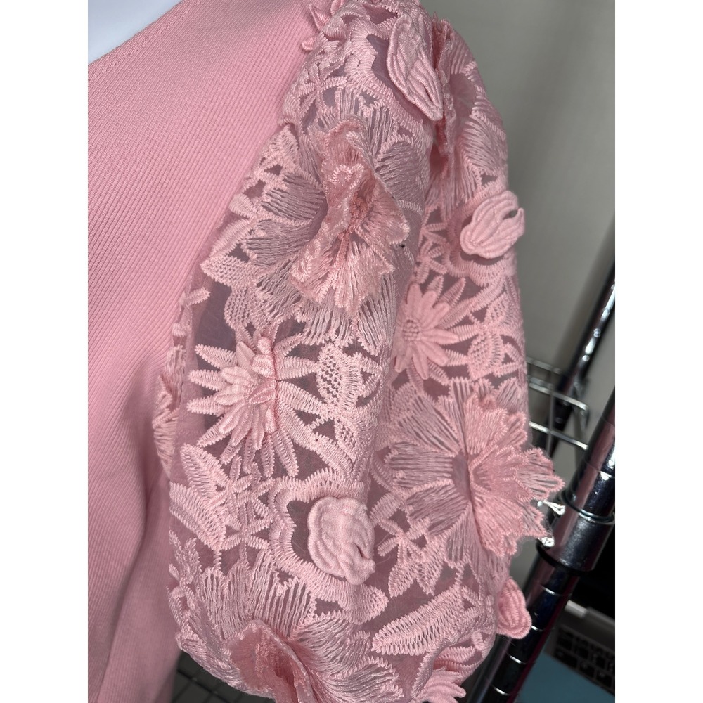 Dolan Womens Pink Ribbed Floral Lace Puff Sleeve Top Sz M Coquette Cottagecore - Picture 3 of 9